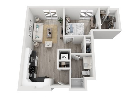 Floor plan for 1 bed, 1 bath, 763 sqft
